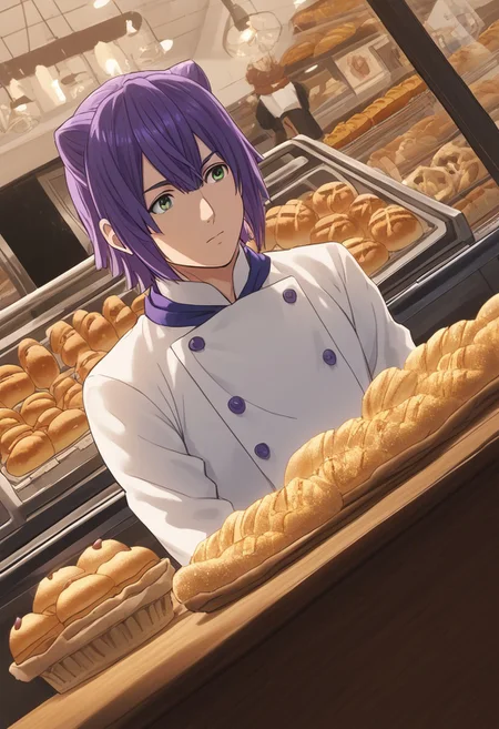 score_9, score_8_up, score_7_up, source_anime, rating_safe, bread on mouth MomoSNS, green eyes, purple Momo short hair, 1boy, male focus, mature male, white shirt, neckerchief, chef, sitting, looking at another, bakery, indoors, shop, bread, baguette, window, solo focus, dutch angle,
