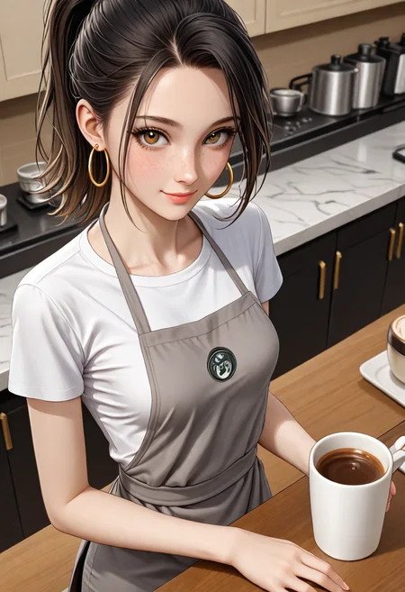 1girl, solo, beautiful young, adult woman, skinny body, small breasts, barista, black hair, tight ponytail, hoop gold earrings, freckles, from above, coffee short behind counter, smiling, white tshirt, grey apron
Italian (olive light brown Mediterranean skin)
<lora:PerfectEyesXL:1> <lora:add-detail-xl:1>