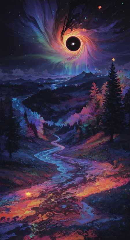 masterpiece, best quality, good quality, very awa, newest, highres, absurdres, Black hole vortex in the sky, outdoors, sky, cloud, star \(symbol\), tree, no humans, night, grass, star \(sky\), night sky, scenery, nature, starry sky, forest, road, river, landscape, colorful, path, pine tree, aurora
, limited palette, sketch, glowing, psychedelic, <lora:illustriousXL_stabilizer_v1.23:0.3> <lora:NOOB_vp1_detailer_by_volnovik_v1:0.3> <lora:ponyv6_noobE11_2_adamW-000017:0.3> <lora:114558v4df2fsdf5:0.7> <lora:mon_monmon2133:0.8>