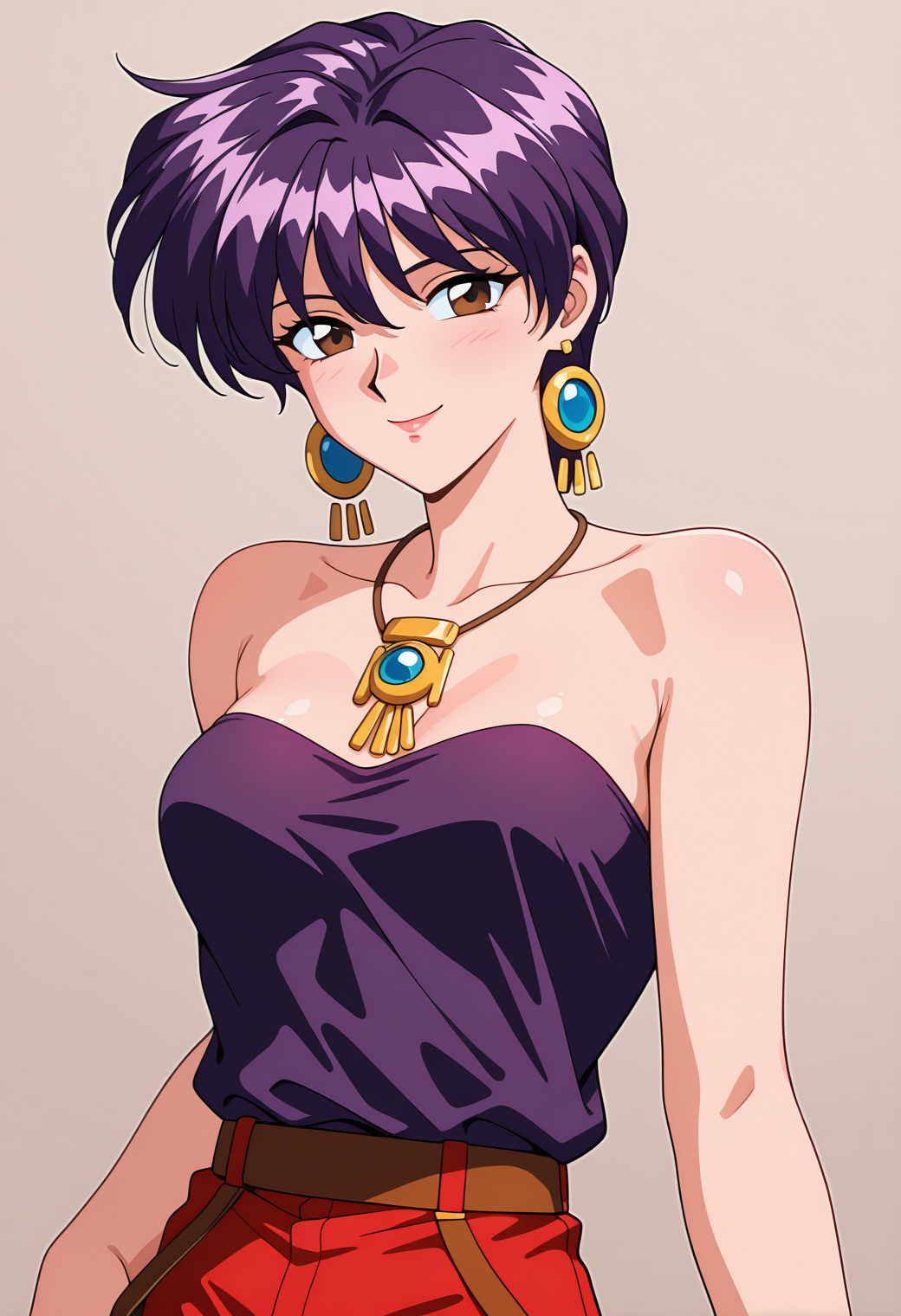 masterpiece, best quality, amazing quality, 1girl, solo, 1990s \(style\), retro_artsryle,
<lora:komiyama_airi_v01:0.9>, komiyama_airi, purple hair, short hair, brown eyes,
earrings, necklace, purple camisole, strapless, belt, red pants, (smile:0.7), posing