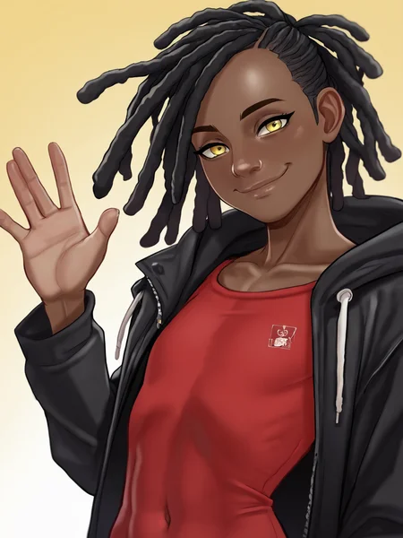 score_9, score_8_up, score_7_up, score_6_up, BREAK, LilTaniyah, Andystyle, 1girl, flat chest, black hair, dreadlocks, dark skin, yellow eyes, closed mouth, smile, red shirt, black jacket, upper body, raise left hand, waving, looking at viewer <lora:LilTaniyah:1>