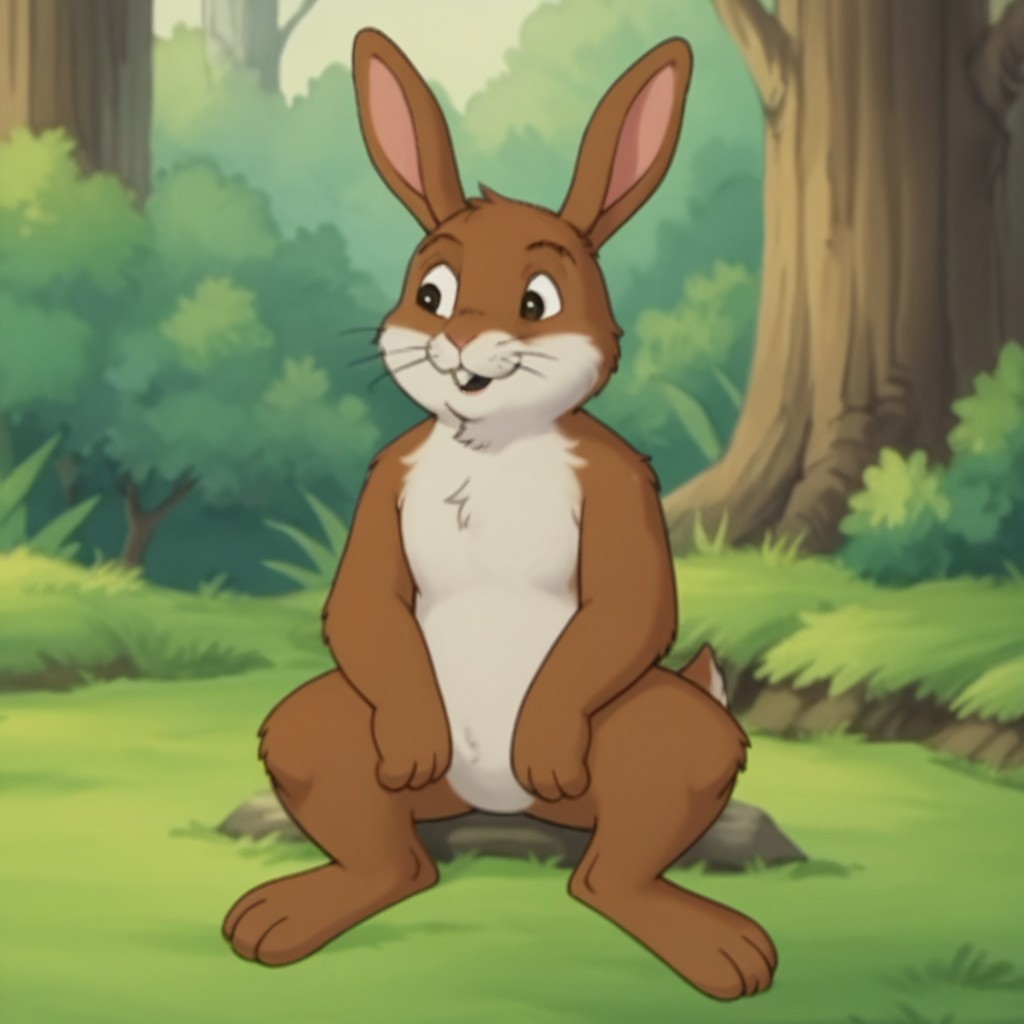 score_9, score_8_up, score_7_up, score_6_up, score_5_up, score_4_up, source_furry, rabbitfrnkln, semi-anthro, male, rabbit, brown fur, buck teeth, whiskers, outside,  in a forest, sitting, solo, 1boy