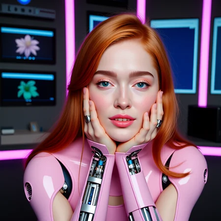 surrealist art expressionist ultra lighting, cinematic, cinematic lighting, ultra realistic, ultra quality, analog photo, old photo feel, 35mm, shot by Kodak Duaflex II, full body shot, <lora:jialissa-ultimatev2:1.1> <lora:pasteBot02FL:0.7> futuristic, pink, blue, ajpasbot, a beautiful redhead woman with a full robotic body, dynamic posing, looking at the viewer, smiling, sensual pose, ultra detailed skin, flawed skin, ultra quality, ultra detailed, ultra realistic, she's in a futuristic tech base with floating holographic monitors, full floral dress, robotic arms, high neck dress, wearing tall leather boots, electric blue cyebernetic eyes, . raw, emotional, dynamic, distortion for emotional effect, vibrant, use of unusual colors, detailed . dreamlike, mysterious, provocative, symbolic, intricate, detailed