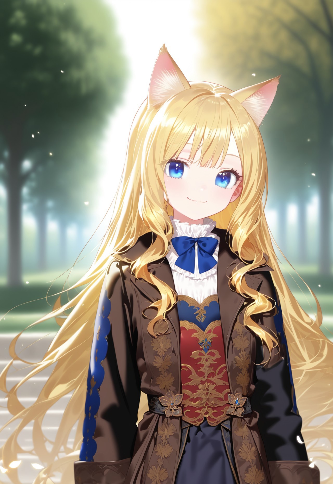 safe_pos, Depth of field, Anime source, Uncensored, Perfect hands, Nyalia, Park, Cel shading, Black illustration lines, Top quality, Perfect quality, Best quality, Very detailed, Intricate details, Detailed background, Detailed body, Detailed anatomy, Perfect anatomy, , 1 girl, blue eyes, long hair, blonde hair, long side bangs, , long loose hair, black cloth coat, standing upright, head bowed, looking at viewer,, front view, whole body visible, blonde cat ears, blonde cat tail, Neko, very petite, small breasts, tilted head, smiling, closed mouth, medieval