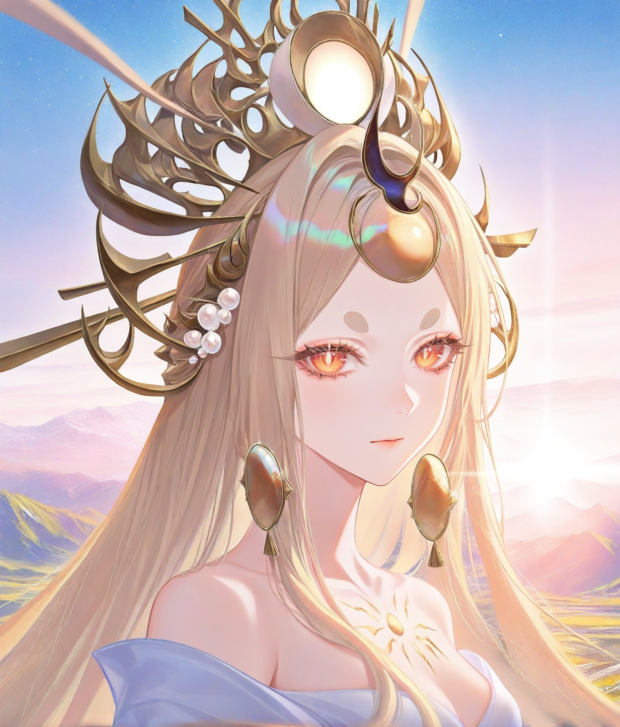 8k,best quality,masterpiece,(ultra-detailed),(high detailed skin),((artist:reoen),(artist:fuzichoco),(artist:atdan),(artist:torino_aqua),year 2024:0.8),[artist:wlop],[artist:ningen_mame],artist:ciloranko,[[artist:rhasta]],artist:tidsean,colorful,
sexualized,beautiful,bright pupils,long eyelashes,collarbone,narrow waist,<lora:detailed hand focus style illustriousXL v1:1>,thick eyebrows,looking at viewer,
scenery,landscape,dramatic lighting,<lora:DetailedEyes_V3:1>,<lora:ClearHand-V2:1>,<lora:amaterasu(onmyoji)-000010:1>,amaterasu \(onmyoji\),long hair,very long hair,jewelry,dress,bare shoulders,hair ornament,hair stick,crown,headpiece,white top,long sleeves,white sleeves,wide sleeves,ribbon,dawn,sunrise,stars,<lora:backlitILL:0.5>,backlit,backlighting,<lora:gs_style_ilxl:1>,portrait,close up,face focus,facing viewer,front view,