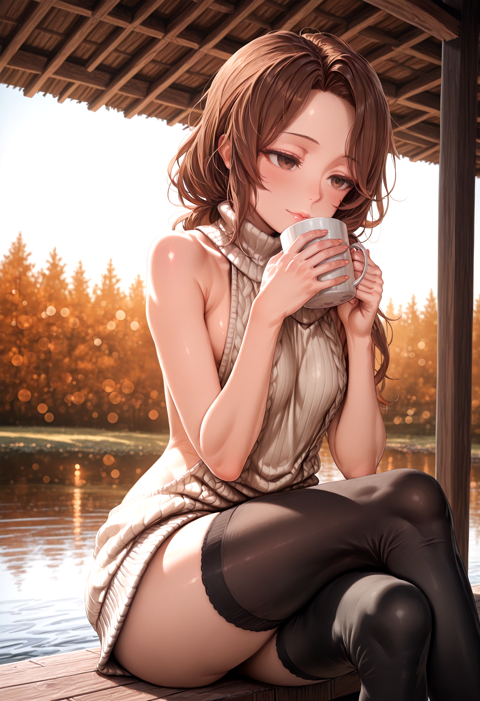 parsley-illu, mature female, seductive, 1girl, closeup, sitting on a porch at a secluded lake cabin, still autumn water, sunny chilly day, cinematic lighting, wavy brown hair, brown eyes, flawless freckled skin, petite toned body, oversized cashmere v-neck sweater, virgin killer sweater, black thigh-highs, crossed legs, legs crossed, one leg crossed over the other, sipping coffee, mug, ceramic mug, serene atmosphere
masterpiece, lips, skin texture, cinematic lighting, 8k, bokeh, blurry foreground, vignetting, amazing quality, newest, textured clothing, ultra-detailed, depth of field, blurry_background, volumetric lighting, dutch angle, amazing background, wind lift