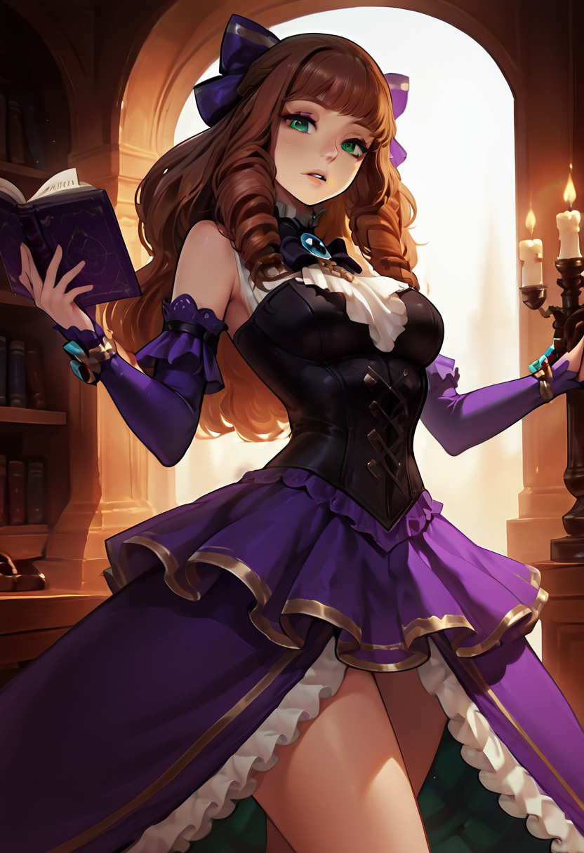 masterpiece, best quality, 1girl, solo, curvy, beautiful eyes, narrow waist, looking at viewer,   zzGuinevere, green eyes, brown hair, long hair, bow, hair bow, detached sleeves, dress, bare shoulders, frills, corset, purple dress, parted lips, candlelight, library, reading, mysterious mood â Deep within an ancient library lit only by flickering candles, zzGuinevere turns the pages of a worn tome, shadows dancing over her face. Her green eyes glow with quiet curiosity, the soft bow at her temple barely moving in the still air. Her corseted dress and detached sleeves emphasize her refined form, the frills catching the warm light. Her parted lips hover between thoughts, as if she's about to speak a secret only the books remember.  ,  <lora:GuinevereMLIXL:1.0>,