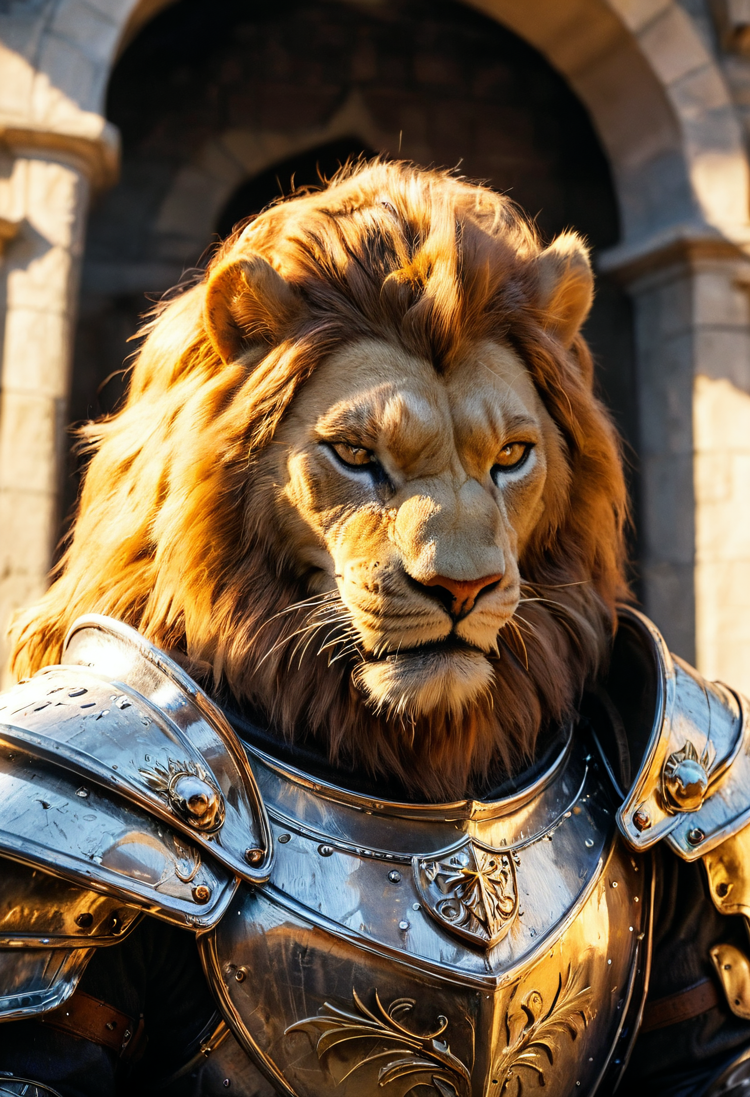 score_9, score_8_up, score_7_up, furry, fur, lion , portrait, golden knight armor, castle door, huge sword, dynamic angle, low light, dramatic lighting, highly detailed, high contrast, film grain, superabsurd res, 8k , <lora:zy_Fur_Enhancer_v1:0.85>