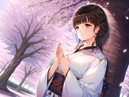<lora:HaHa_Ranman_Illustrious:1>,mayuko,alicesoft,kimono outfit,outdoors, petals, cherry blossoms, tree, spring,, masterpiece,best quality,amazing quality,