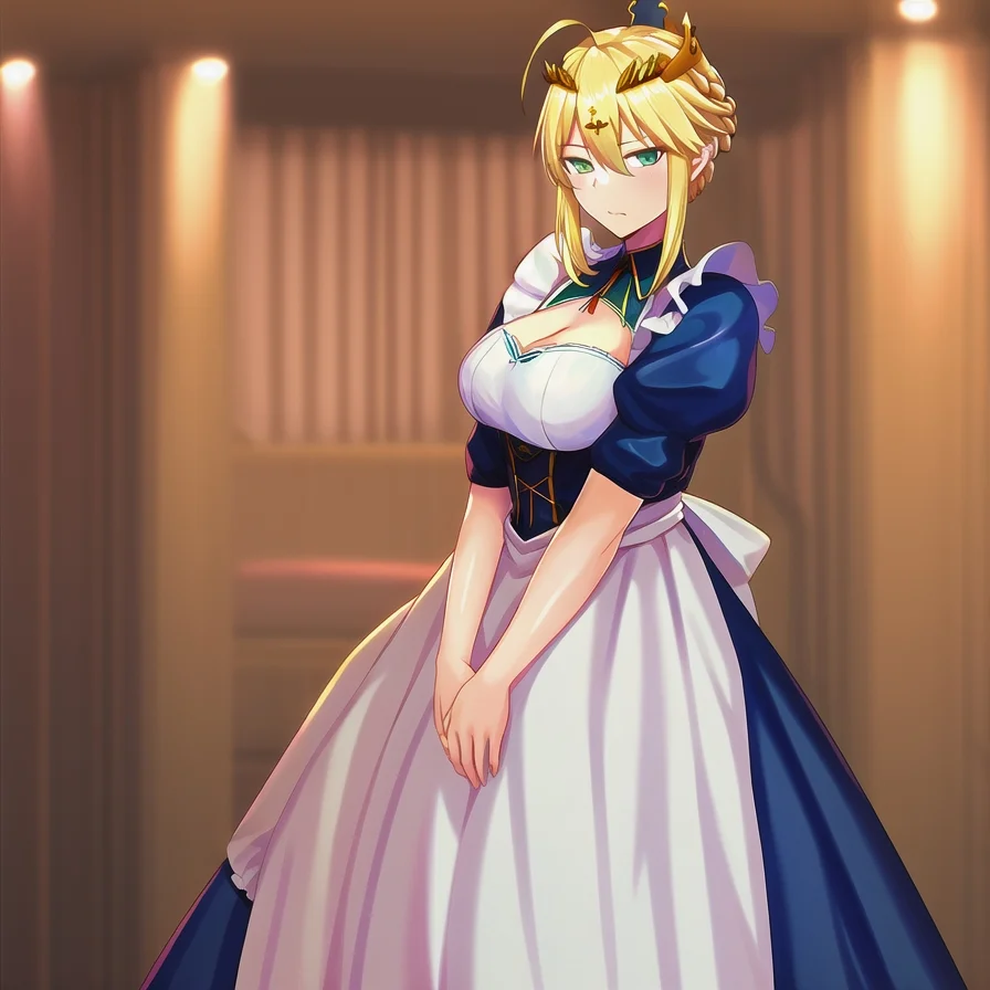 1girl, blurry background, <lora:artolanc V4:1>, ahoge, blonde_hair, braid, crown, french_braid, green_eyes, hand, hands, arm, arms, looking_at_viewer, saber, solo, standing, sidelocks, dress, maid, maid apron, face, artolanc, (masterpiece), (best quality)