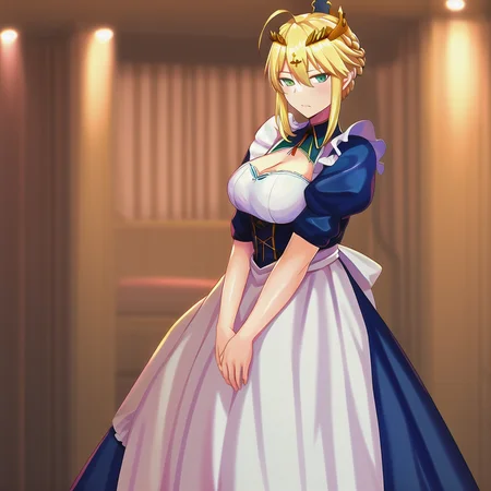1girl, blurry background, <lora:artolanc V4:1>, ahoge, blonde_hair, braid, crown, french_braid, green_eyes, hand, hands, arm, arms, looking_at_viewer, saber, solo, standing, sidelocks, dress, maid, maid apron, face, artolanc, (masterpiece), (best quality)