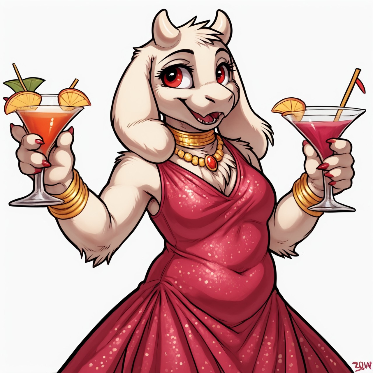 PonyXLV6_Scores ,
PnyCmicXLPOS,
DskfllArtPosXLPNY,
1girl,
female focus,
solo,
monster,
toriel,
goat,
white horns,
red eyes,
face focus,
happy,
smile,
white background,
simple background,
<lora:Toriel_Undertale_Pony_SDXL:1>, dress,
cocktail dress,
jewels,
necklace,
chocker,
bracelets,
gold,
silver,
party,
cocktail,
cup,
dancing,
luxury party,