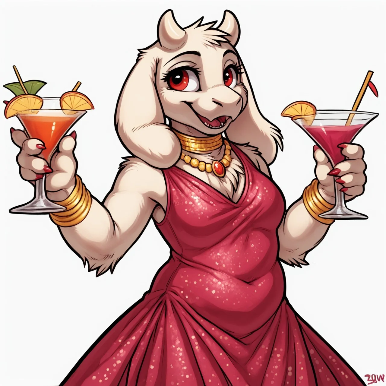 PonyXLV6_Scores ,
PnyCmicXLPOS,
DskfllArtPosXLPNY,
1girl,
female focus,
solo,
monster,
toriel,
goat,
white horns,
red eyes,
face focus,
happy,
smile,
white background,
simple background,
<lora:Toriel_Undertale_Pony_SDXL:1>, dress,
cocktail dress,
jewels,
necklace,
chocker,
bracelets,
gold,
silver,
party,
cocktail,
cup,
dancing,
luxury party,