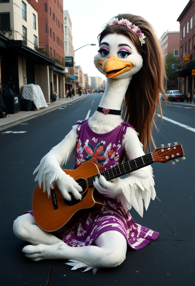 score_9, score_8_up, source_cartoon, toony, 1girl, solo, furry, bird girl, beak, white feathers, blue eyes, eyeliner, very long hair, flat hair, brown hair, straightened hair, hippie, 1970, new york, long neck, flower shirt, choker, guitar, sitting, street, acoustic guitar, outdoors, trash fire