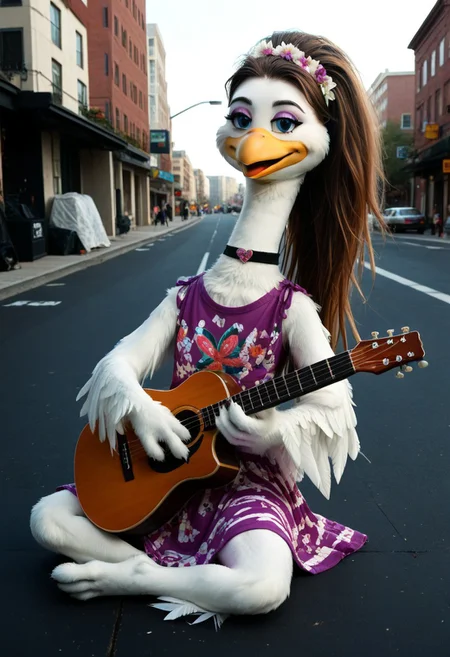 score_9, score_8_up, source_cartoon, toony, 1girl, solo, furry, bird girl, beak, white feathers, blue eyes, eyeliner, very long hair, flat hair, brown hair, straightened hair, hippie, 1970, new york, long neck, flower shirt, choker, guitar, sitting, street, acoustic guitar, outdoors, trash fire