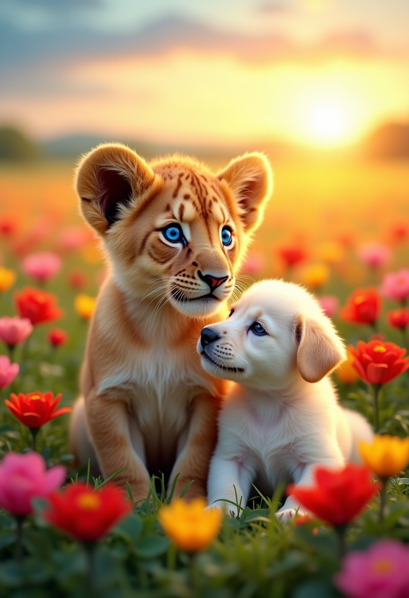 This is a vibrant, high-resolution photograph capturing a heartwarming scene of a lion cub and a puppy nestled together in a colorful flower field. The lion cub, with its striking blue eyes and light brown fur, is positioned slightly in front of the puppy, creating a protective pose. The puppy, with its white fur and floppy ears, appears to be looking up at the lion cub with a curious expression. Both animals have soft, fluffy textures, and the lion cub's large ears are prominent.

The background showcases a lush field of blooming flowers in a variety of colors, including red, pink, yellow, and orange. The flowers are in full bloom, adding a pop of color and texture to the scene. The field is surrounded by a green, leafy border, and the horizon features a clear, blue sky with a radiant, warm sunset casting a golden glow over the scene. The sun is positioned low on the horizon, with its light rays creating a soft, warm ambiance. The overall mood of the image is one of warmth, innocence, and protection, making it a heartwarming and visually stunning photograph.