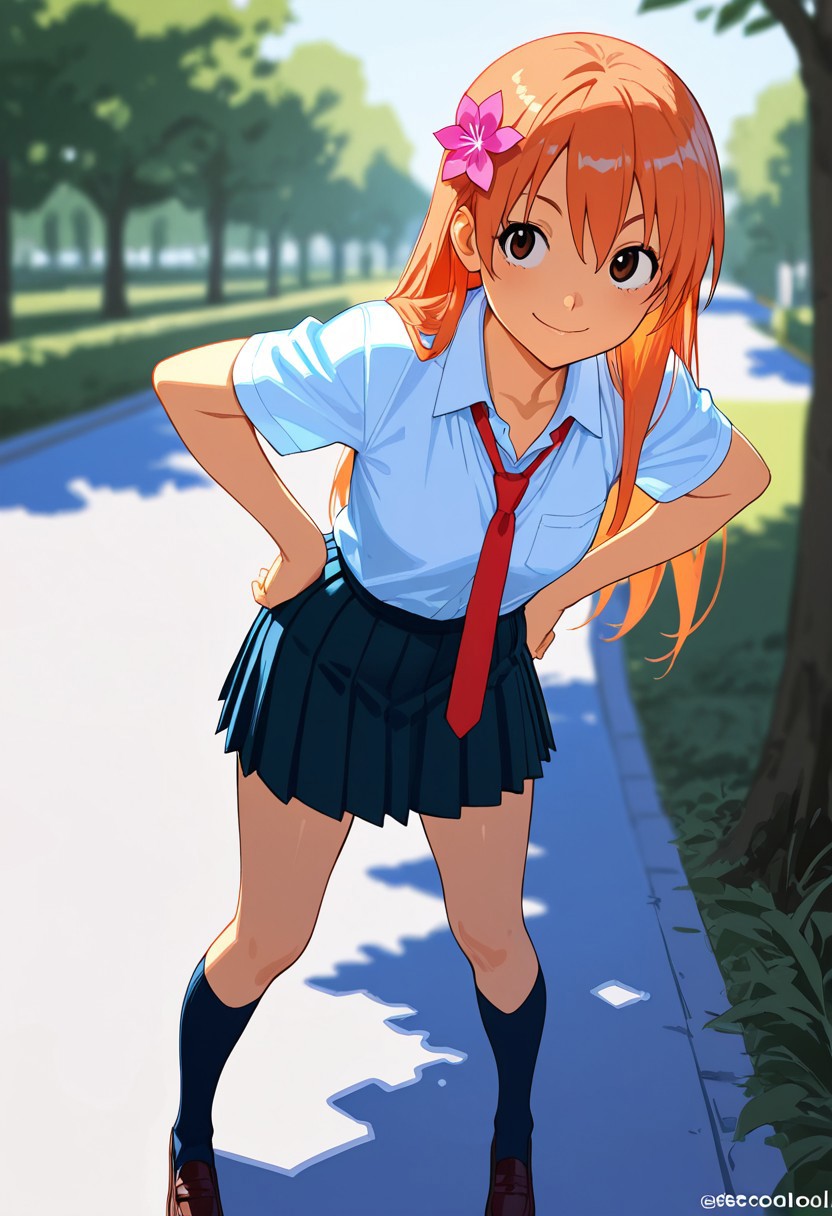 ,masterpiece, very aesthetic,8k,masterpiece, best quality, full body ,yukahana,hairflower,bezzschooloutfit,1girl, brown eyes, 
solo,skirt,necktie,school uniform,socks,long hair
smile,hands on hips,hair ornament,orange hair,pleated skirt,kneehighs, at park 
, impressionism 1.5, high detail, depth of field, blurred background, dramatic lighting