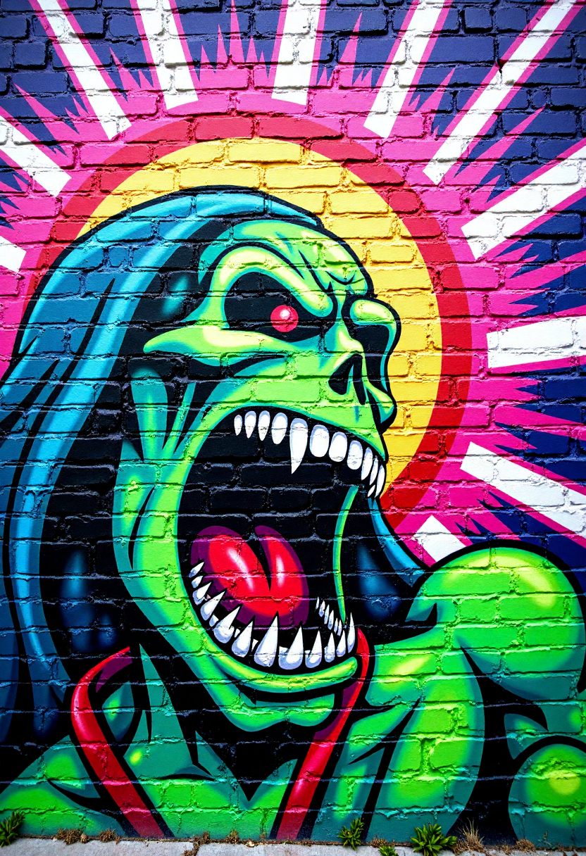 <lora:Brick_Wall_Graffiti_FLUX:1>
This is a vibrant, detailed photograph of a mural painted on a brick wall. The mural features a stylized, cartoonish depiction of  Skeletor yelling in anger