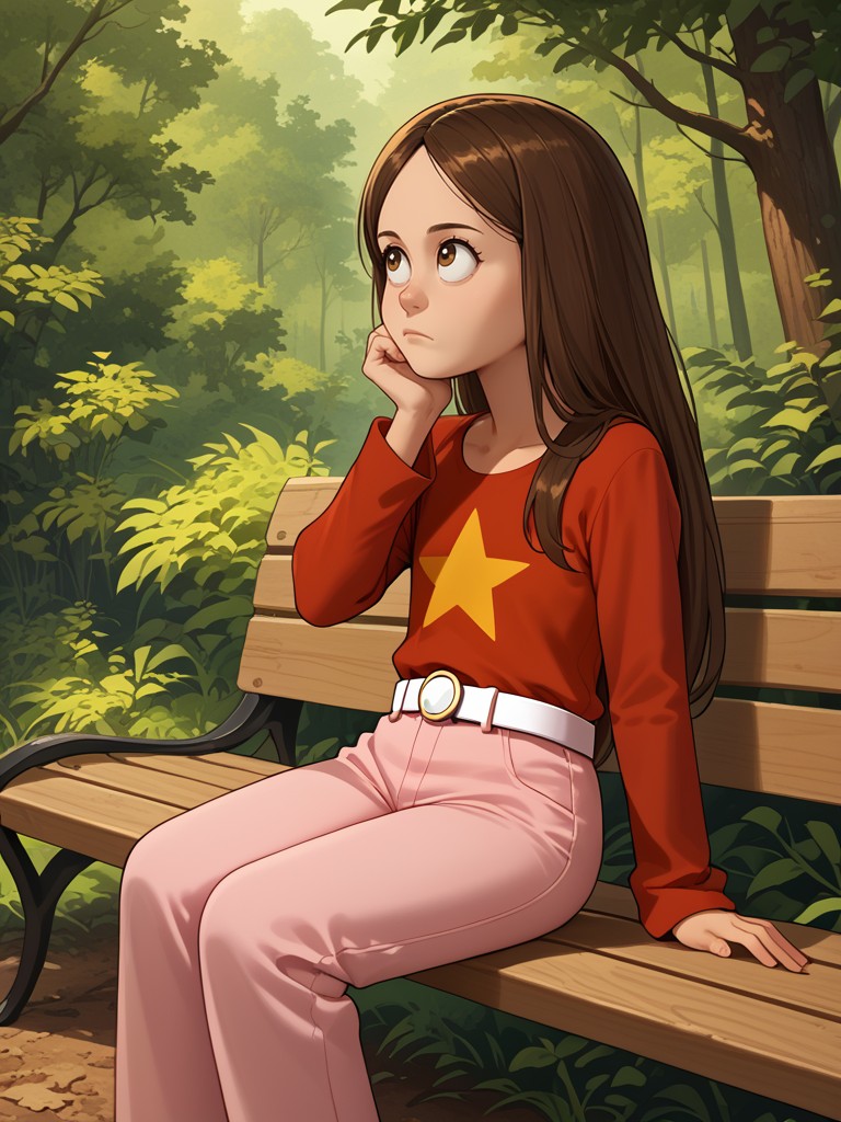 score_9, score_8_up, score_7_up, BREAK, solo , anime, wendy_maury,anime,long hair, Brown hair, in forest,  red shirt with a yellow star, long sleeves, closed mouth, outdoors, light pink pants, white belt, sit on bench, from front, looking up, thinking<lora:wendy_maury:1>