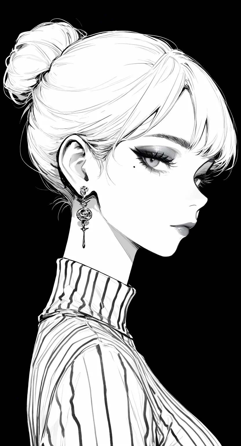 masterpiece, best quality, good quality, very awa, very aesthetic, absurdres, newest, 1girl, solo, breasts, looking at viewer, short hair, simple background, closed mouth, jewelry, upper body, monochrome, earrings, greyscale, striped clothes, hair bun, mole, from side, looking to the side, eyelashes, lips, mole under eye, makeup, turtleneck, thick eyebrows, single hair bun, black background, portrait, lipstick, eyeshadow, striped shirt, nose, hair behind ear, striped dress, mascara, updo <lora:ponyv6_noobV1_2_adamW-000017:0.7> <lora:USNR_STYLE_XL_lokr:0.45> <lora:748cmSDXL:0.4> <lora:GBF_Illustrious:0.3>