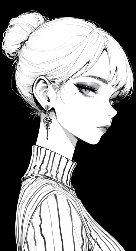masterpiece, best quality, good quality, very awa, very aesthetic, absurdres, newest, 1girl, solo, breasts, looking at viewer, short hair, simple background, closed mouth, jewelry, upper body, monochrome, earrings, greyscale, striped clothes, hair bun, mole, from side, looking to the side, eyelashes, lips, mole under eye, makeup, turtleneck, thick eyebrows, single hair bun, black background, portrait, lipstick, eyeshadow, striped shirt, nose, hair behind ear, striped dress, mascara, updo <lora:ponyv6_noobV1_2_adamW-000017:0.7> <lora:USNR_STYLE_XL_lokr:0.45> <lora:748cmSDXL:0.4> <lora:GBF_Illustrious:0.3>