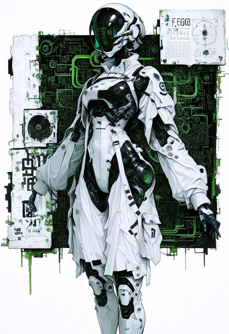 masterpiece, newest,absurdres,very awa,1girl, solo, cyborg, white,eflection, visor, abstract, jacquard fabric, techwear, detailed helmet,mcnm, visor,dynamic pose,  
BREAK,
white wall, inset, square, stucco, binary ,XUER guangying, r17329_illu, 4ki4k4ne_illu