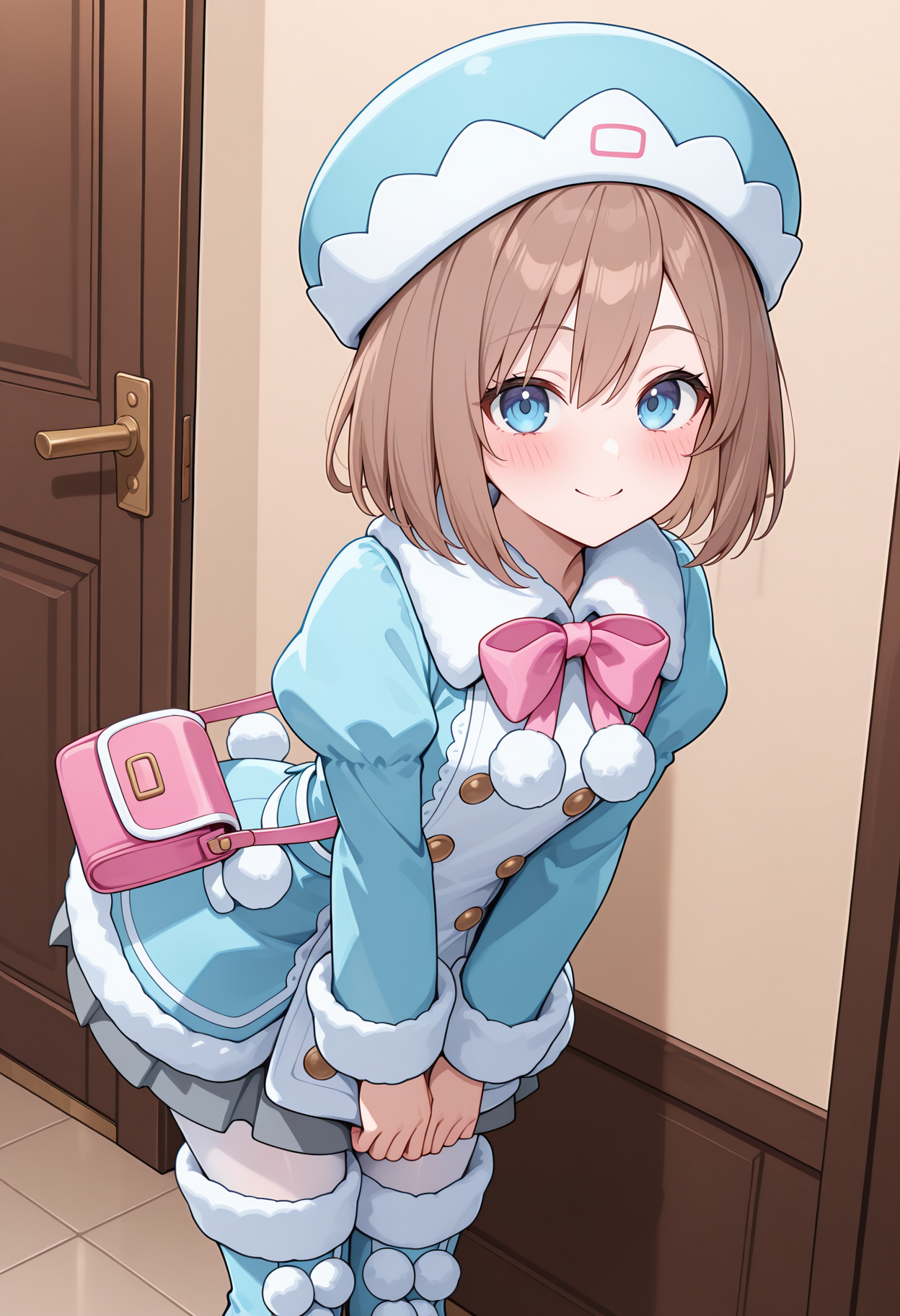highres, best quality, masterpiece, indoors,
1girl, solo, nptrom, brown hair, short hair, blue eyes,
nromdef, hat, blue headwear, blue coat, dress coat, pom pom \(clothes\), double-breasted, fur-trimmed coat, pink bowtie, grey skirt, skirt under dress, pleated skirt, white pantyhose, bag, thigh boots, 
looking at viewer, blush, smile,
standing, leaning forward, v arms, 
<lora:_rom_neptunia-elesico-ilxlB-000013:1>