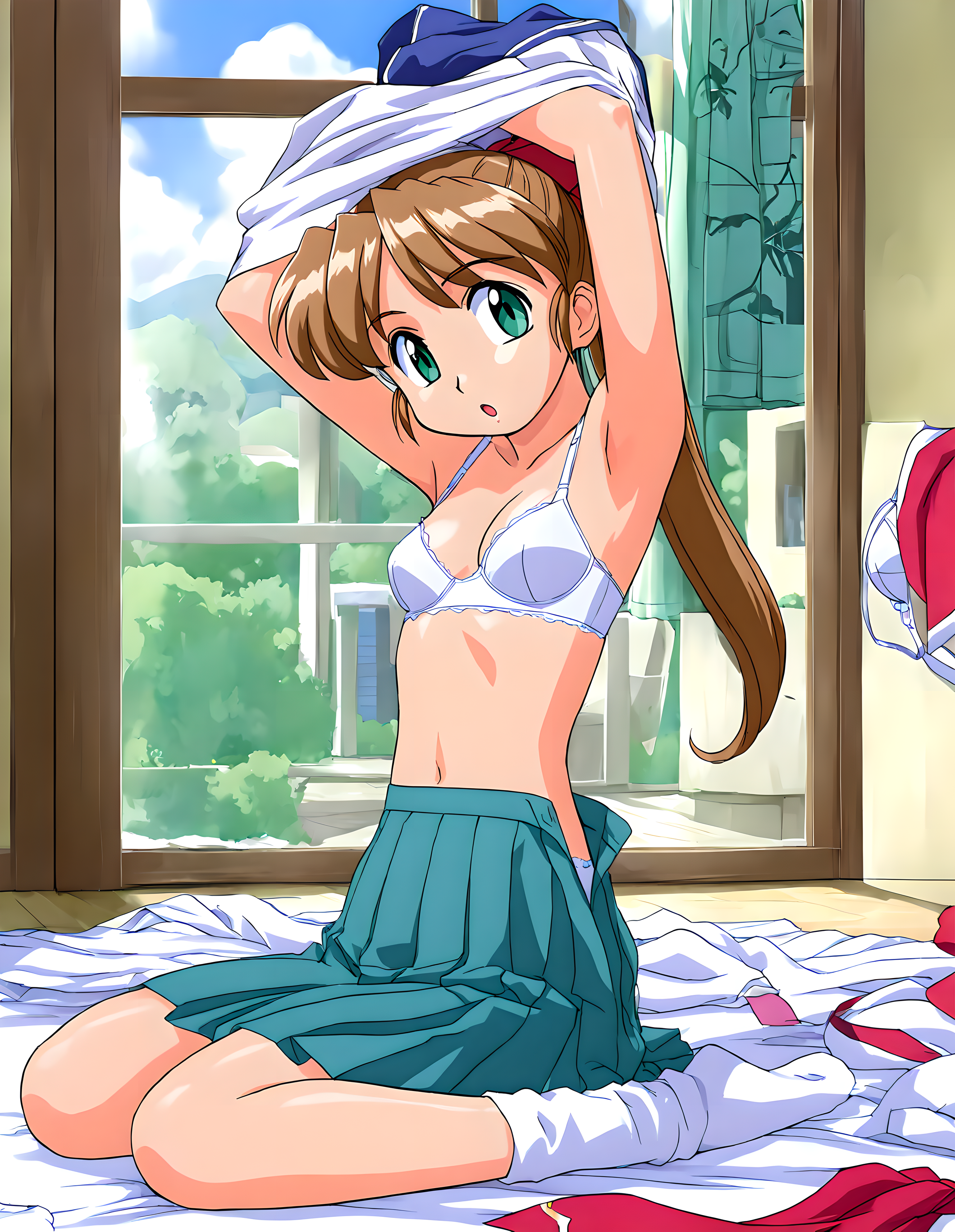 <lora:illustrious_XL_mizunoyuki:0.9>,mizunoyuki,masterpiece,best quality,good quality,1girl,solo,white bra,pleated_skirt,socks,clothes_removed,day,bedroom,undressing,arms_up,wariza,collarbonea,:o,