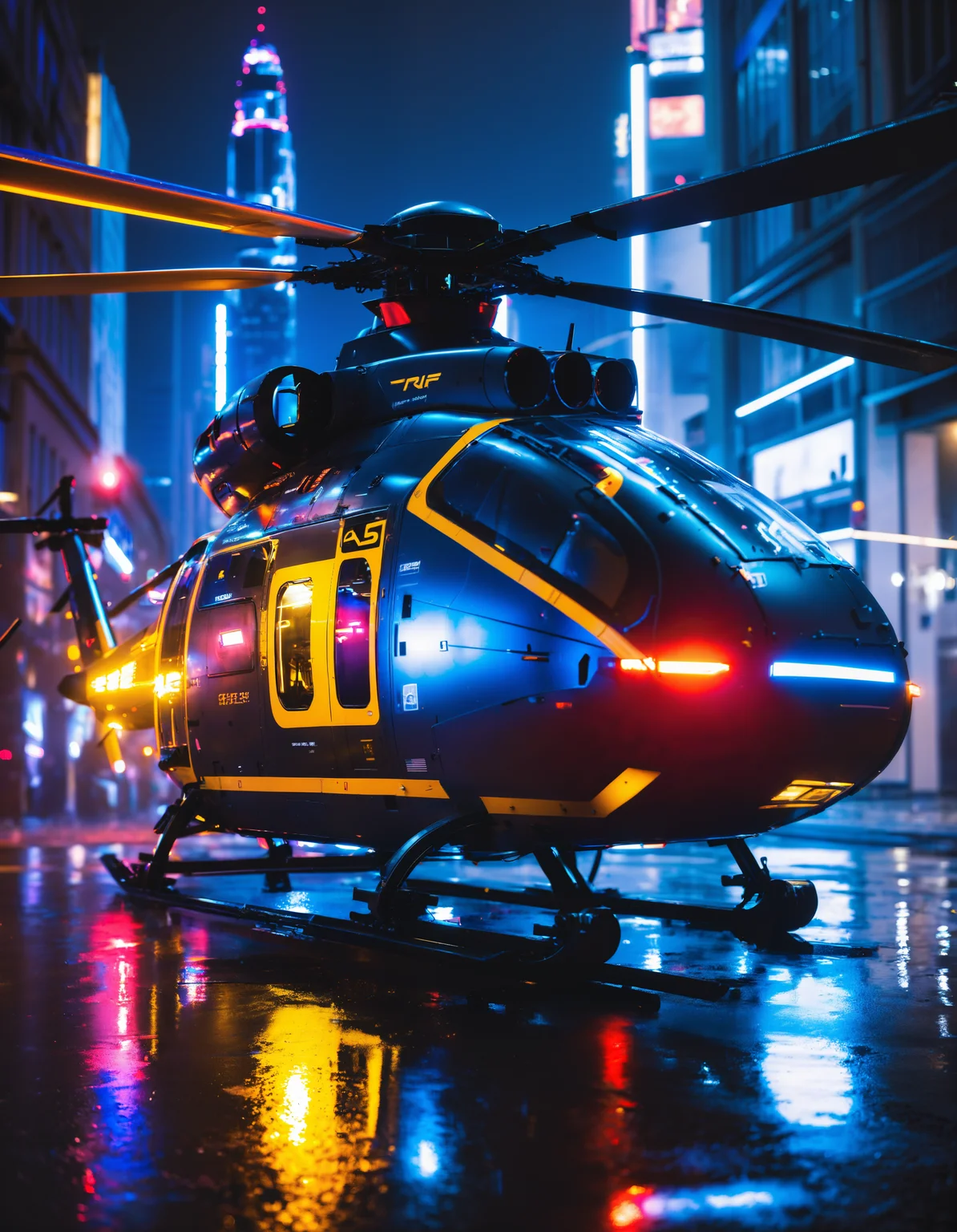 product neon noir photo of a (sci-fi futuristic helicopter) in the rain between buildings on street level in a futuristic city, night, puddles, (cyberpunk, neon lights:1.4), masterpiece, best quality, (intricate details), (****), eldritch, volumetric lighting, unique pose, dynamic pose, dutch angle, 35mm, anamorphic, lightroom, cinematography, film grain, HDR10, 8k hdr, Steve McCurry, ((cinematic)), RAW, color graded portra 400 film, remarkable color, raytracing, subsurface scattering,