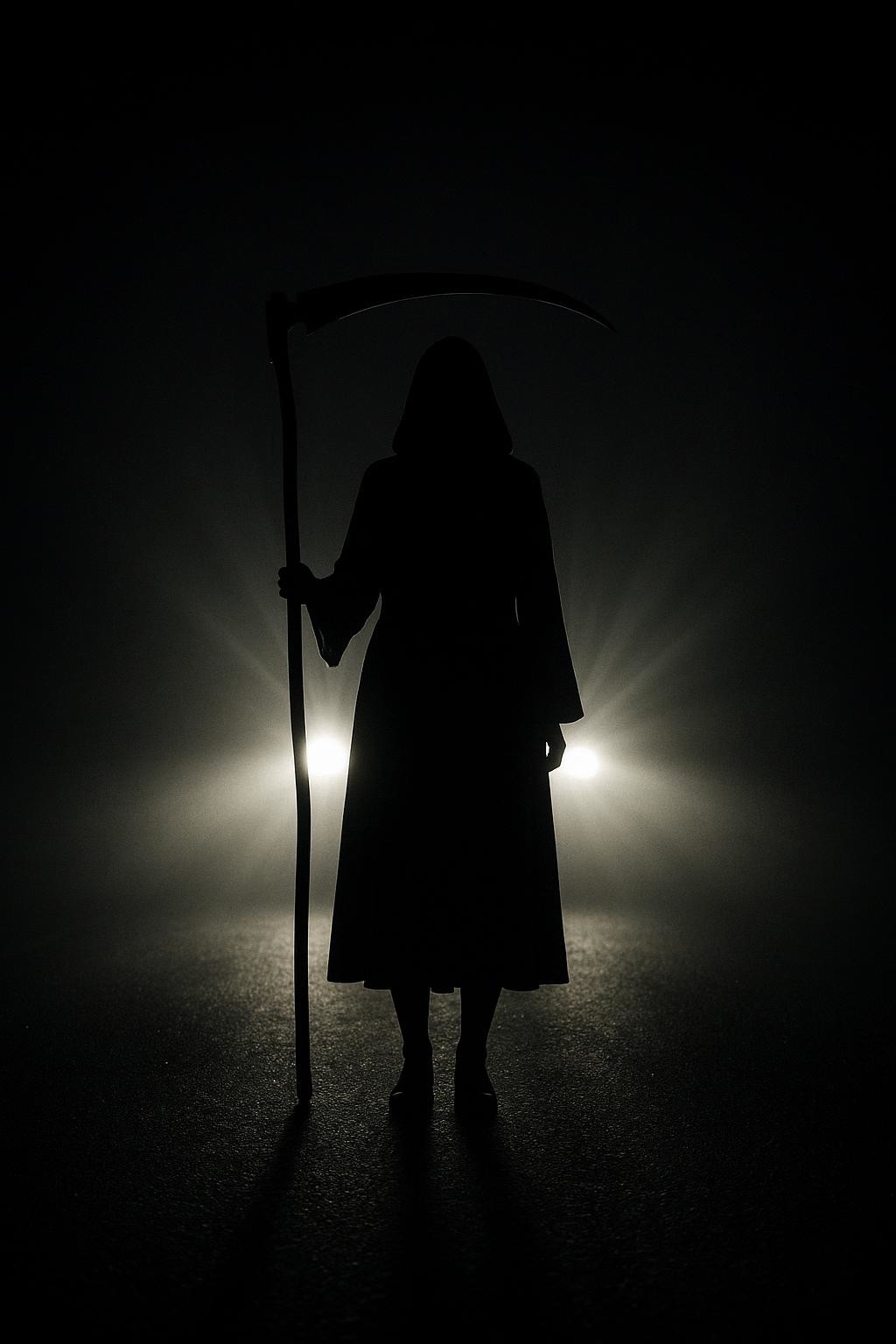;;; Reaper-Headlights - Cinematic-Horror
(define scythe-silhouette-night
  '((camera
     (shot full-height-centered)
     (composition symmetrical-balanced)
     (angle straight-on)
     (style photorealistic-cinematic))
    
    (subject
     (figure young-woman-silhouette)
     (weapon scythe-held-upright)
     (position center-frame)
     (pose standing-ominous))
    
    (lighting
     (primary car-headlights-behind)
     (direction backlit-towards-camera)
     (quality harsh-blinding-beams)
     (effect complete-silhouette)
     (contrast extreme-high))
    
    (environment
     (setting nighttime-road)
     (atmosphere pitch-black-darkness)
     (visibility only-lit-by-headlights))
    
    (mood
     (atmosphere
      (dark mysterious)
      (haunting dramatic)
      (eerie unsettling)
      (spooky suspenseful)
      (grim foreboding))
     (tension high-cinematic))
    
    (technical
     (detail hyper-realistic)
     (rendering highly-detailed)
     (style ornate-cinematic)
     (quality professional-grade))
    
    (composition
     (balance perfectly-centered)
     (symmetry exact-vertical)
     (focus sharp-throughout))))