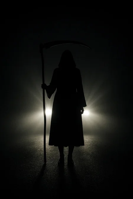 ;;; Reaper-Headlights - Cinematic-Horror
(define scythe-silhouette-night
  '((camera
     (shot full-height-centered)
     (composition symmetrical-balanced)
     (angle straight-on)
     (style photorealistic-cinematic))
    
    (subject
     (figure young-woman-silhouette)
     (weapon scythe-held-upright)
     (position center-frame)
     (pose standing-ominous))
    
    (lighting
     (primary car-headlights-behind)
     (direction backlit-towards-camera)
     (quality harsh-blinding-beams)
     (effect complete-silhouette)
     (contrast extreme-high))
    
    (environment
     (setting nighttime-road)
     (atmosphere pitch-black-darkness)
     (visibility only-lit-by-headlights))
    
    (mood
     (atmosphere
      (dark mysterious)
      (haunting dramatic)
      (eerie unsettling)
      (spooky suspenseful)
      (grim foreboding))
     (tension high-cinematic))
    
    (technical
     (detail hyper-realistic)
     (rendering highly-detailed)
     (style ornate-cinematic)
     (quality professional-grade))
    
    (composition
     (balance perfectly-centered)
     (symmetry exact-vertical)
     (focus sharp-throughout))))
