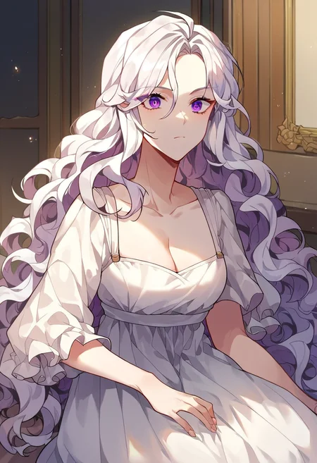score_9,score_8_up,score_7_up,source_anime,zPDXL3,
*//*,<lora:AbigailFreidkin_v1.0:1>,long hair,white hair,wavy hair,purple eyes,cleavage,white dress,