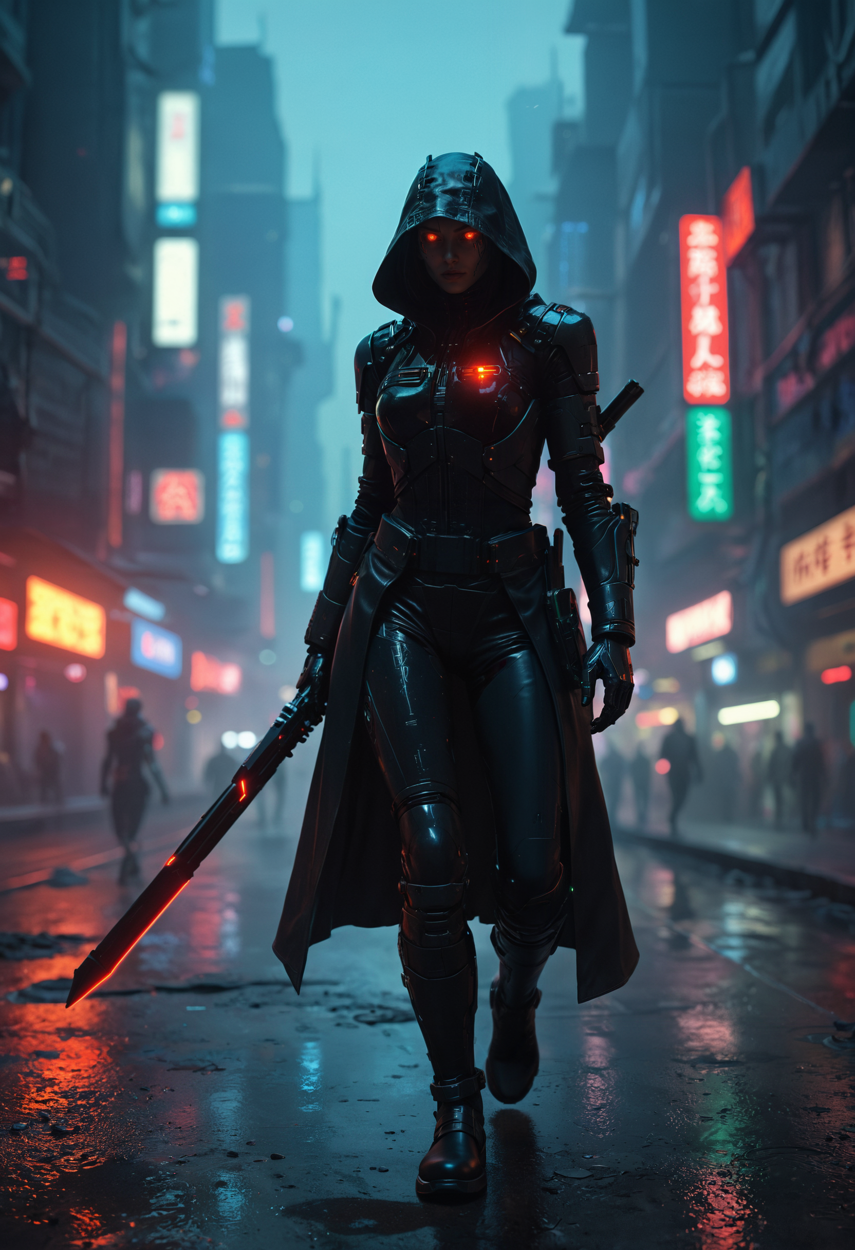 In the depths of a sprawling futuristic city, a rogue android assassin lurks in the shadows. It´s cybernetic enhancements gleam in the neon lights as it prepares to strike, it´s eyes scanning for it´s next target
<lora:add-detail-xl:0.5> <lora:xl_more_art-full_v1:0.5>