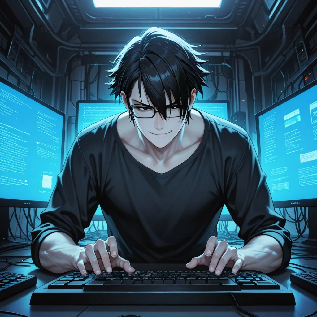 masterpiece, best quality, amazing quality, absurdres, newest, detailed background, definition so sharp, Ultra-HD, 8K cinematic, very awa, impressionate, amazing quality, highres,
solo, male focus, manly,
saruhikofushimi, saruhiko_black hair, saruhiko_black eyes, 1boy, short hair, glasses, typing, keyboard, multiple monitors, code, glowing screen, confident smirk, cool colors, cybernetic, skilled, powerful, charming, slightly sexy