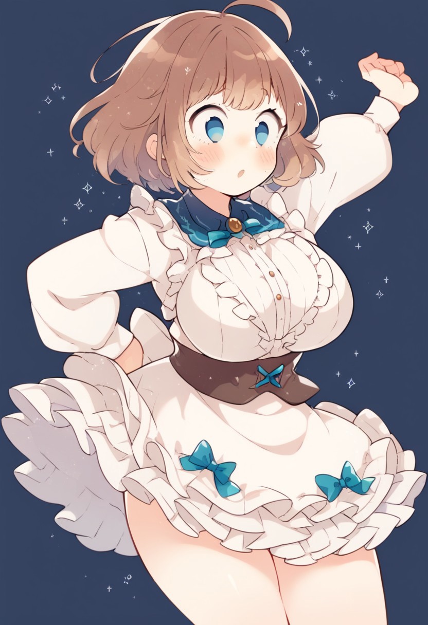 score_9, score_8_up, score_7_up,
masterpiece, best quality, detailed, amazing quality,
simple background, 
dynamic pose,
detailed face, detailed eyes, clean eyes,
solo, 1girl, woman, blue eyes, short hair, brown hair, messy hair, curvy, wide hips, big breasts, chubby, 
cute dress, frilly, bow,
easynegative