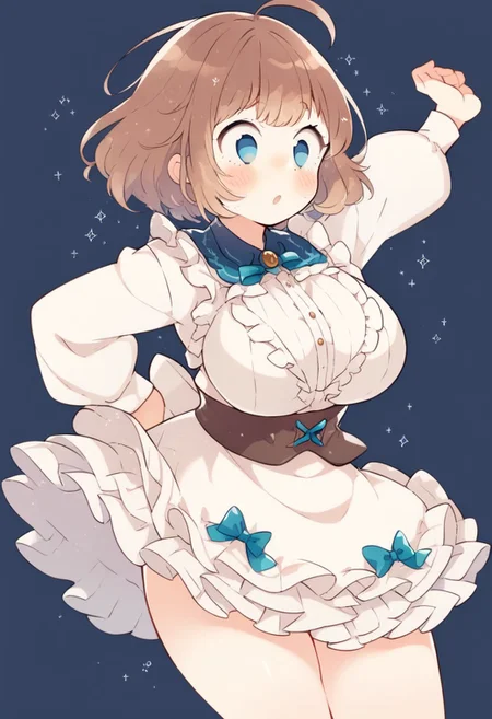 score_9, score_8_up, score_7_up,
masterpiece, best quality, detailed, amazing quality,
simple background,
dynamic pose,
detailed face, detailed eyes, clean eyes,
solo, 1girl, woman, blue eyes, short hair, brown hair, messy hair, curvy, wide hips, big breasts, chubby,
cute dress, frilly, bow,
easynegative