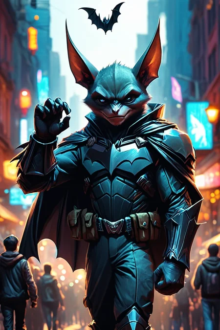 Detailed digital illustration of an anthro Bat (Saluting with hand, a respectful gesture) at a Holographic news feeds in crowded streets, <lora:xl_more_art-full_v1:0.5>, <lora:anthro_muscular:0.7>, <lora:MJ52:0.6>, <lora:madpunk:0.4> madpunk