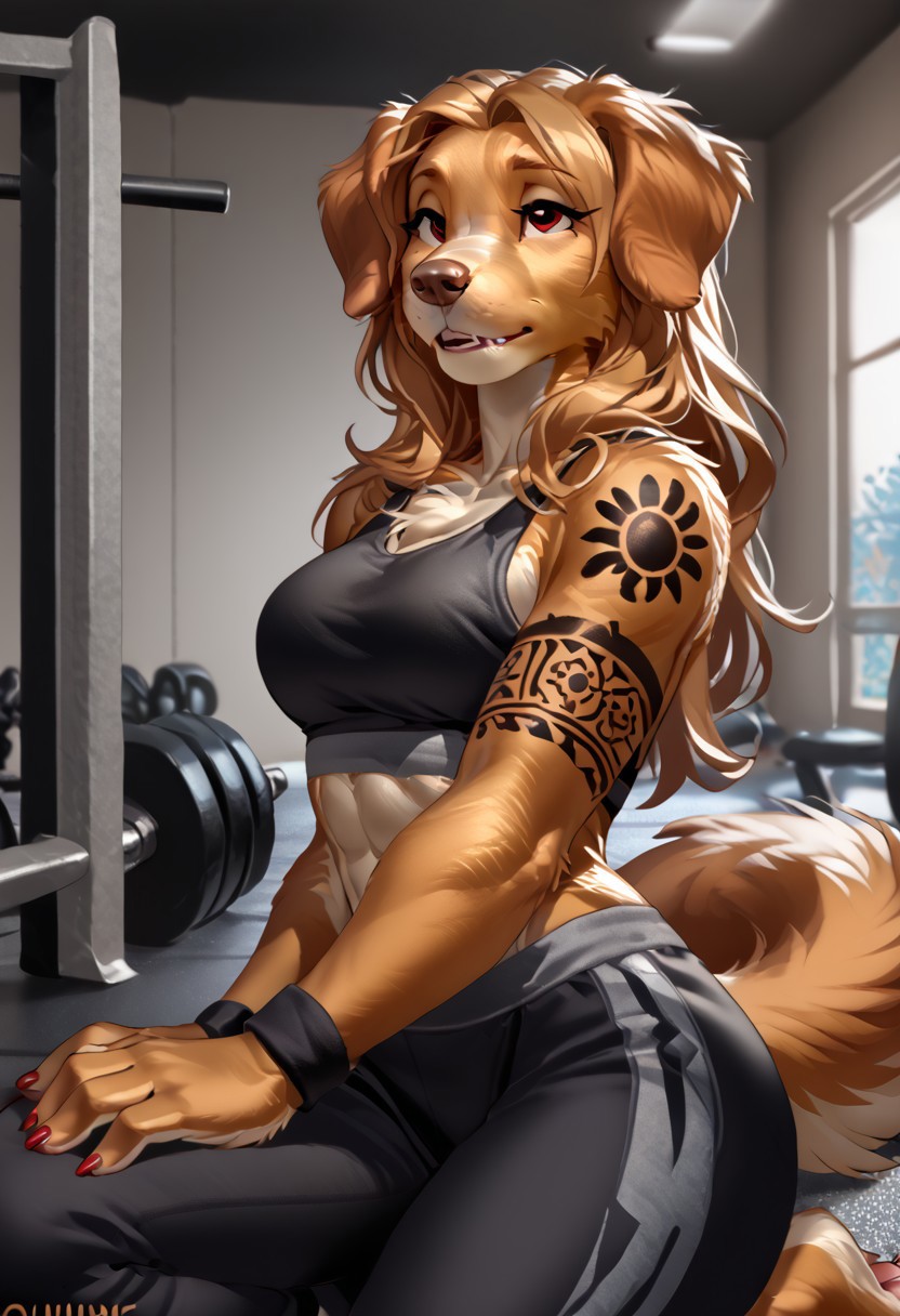 score_9, score_8_up, score_7_up, (by kittydee:1.5), (by jailbird:1.5), (by zummeng:1.5), masterpiece, best quality, (solo),
(Furry Art : Anthro : Nova Scotia Duck Tolling Retriever :1.5), transgirl, expressive eyes, feminine eyes, <lora:beautiful_detailed_eyes:1>, perfect face, feminine face, (long blonde-white hair:1.5), (luxurious long hair style:1.5), (copper red fur:1.5), (white fur on feet hands and on forehead:1), (arm tattoos:1.3), (body tattoos:1.3), (thigh tattoos:1.3), (leg tattoos:1.3), (workout pants:1.5), (workout shirt), (hazel_brown_eyes), (muscular_abs), medium breasts, humanoid feet, barefoot, paw pads, (5 toes:1.5), red nails, gym