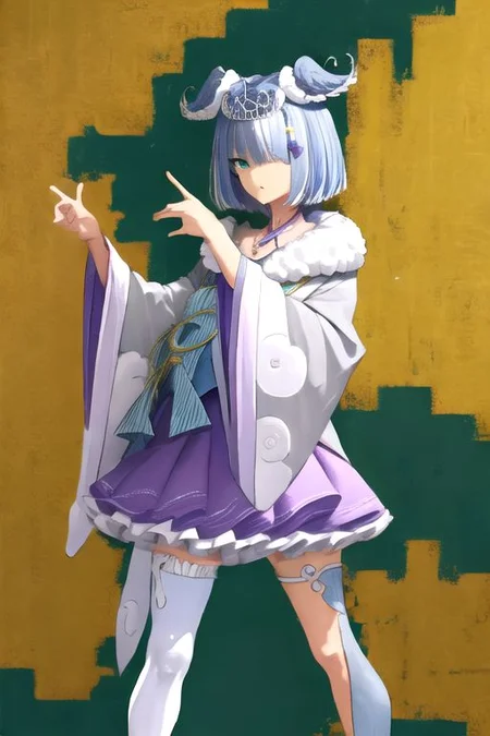 solo, 1girl, solo_focus, (((masterpiece))), ((best quality)), ((ultra-detailed)), high resolution, absurdres, highres, ultra-detailed 8k unity wallpaper,
elira2st, tiara, japanese clothes, grey kimono, wide sleeves, single thighhigh, purple skirt, off shoulder, necklace, fur trim, thigh strap, tabi, sandals, purple nails
