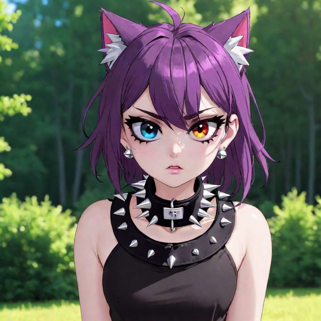totless,1girl, outfit1, spiked collar , outdoor background, heterochromia