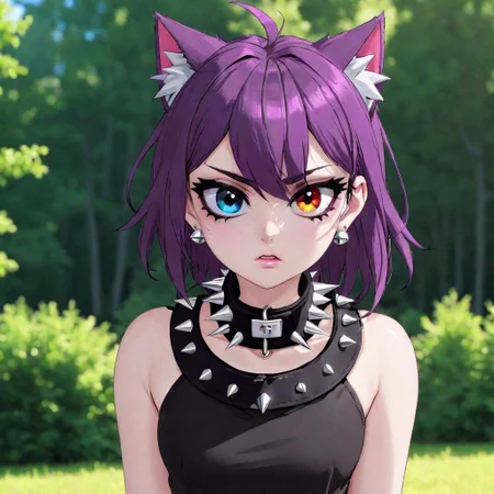 totless,1girl, outfit1, spiked collar , outdoor background, heterochromia
