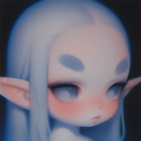 <lora:PetraStyle:1> portrait, blurry, chibi, big forehead, chromatic aberration, 1girl, pale white skin, long hair, smooth hair, silky hair, white hair, white eyes, looking away, blushing, thick eyebrows, side view, makeup, pointy ears, elf ears, dark background, strong lighting,
