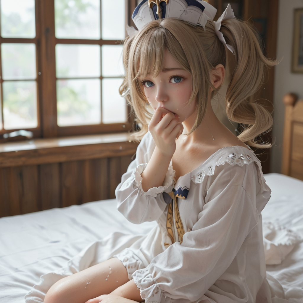 score_9,score_8_up,score_7_up, shiny oild skin, sweat, looking at viewer, orgasm face, sweat, saliva, saliva trail, barbara_\(genshin_impact\), 
smelling masturbation, female masturbation, smelling clothes
, big window, sitting, bed, 
 <lora:smelling masturbation_pony_V1.0:0.75>