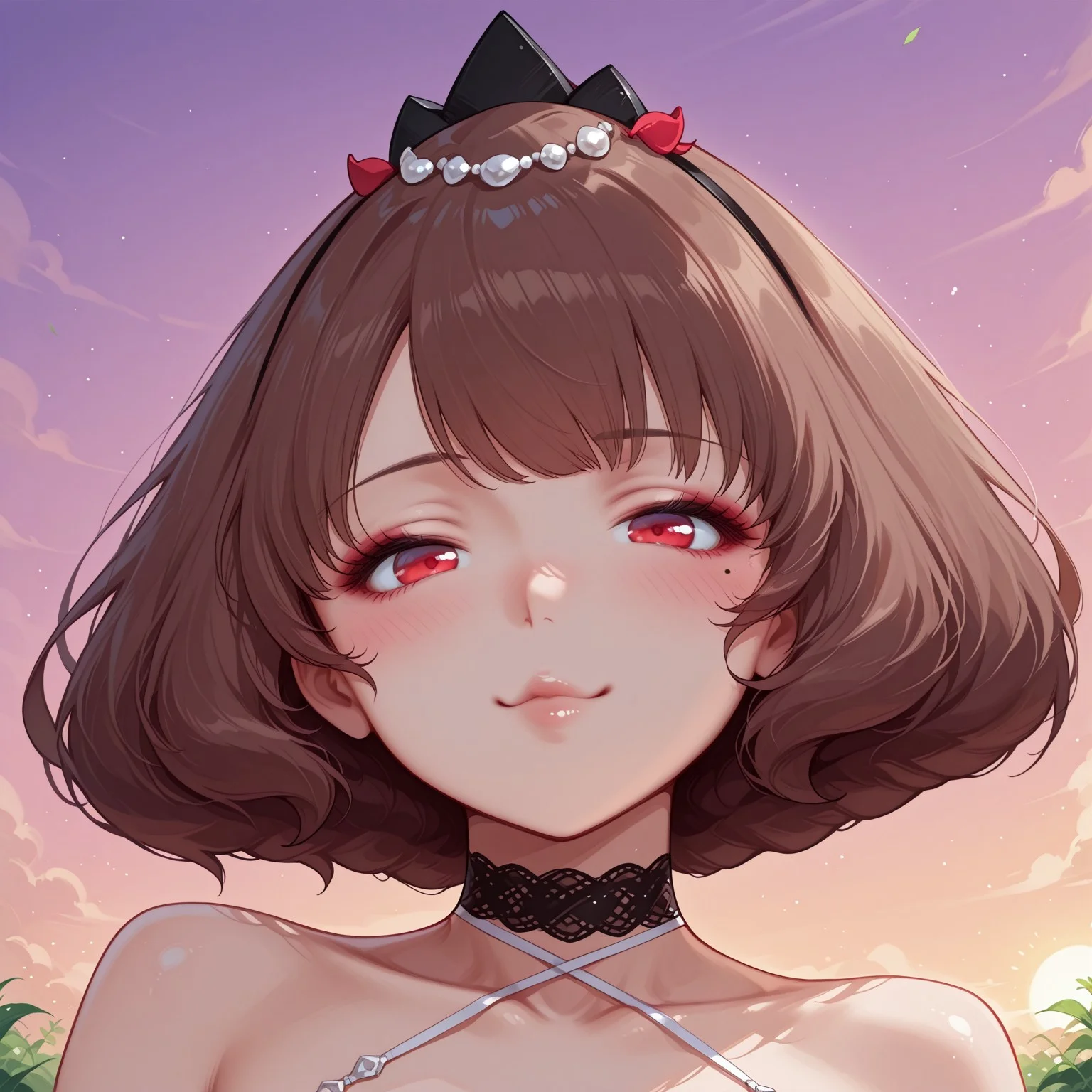 1girl, solo, (blush, sexy, looking at viewer, poutty lips, naughty, smile), Anna Calivela, short hair, brown hair, red eyes, mole under eye, large breasts, wide hips, defaultanna, headress, choker, portrait, BREAK, garden, sunset, orange sky, purple sky