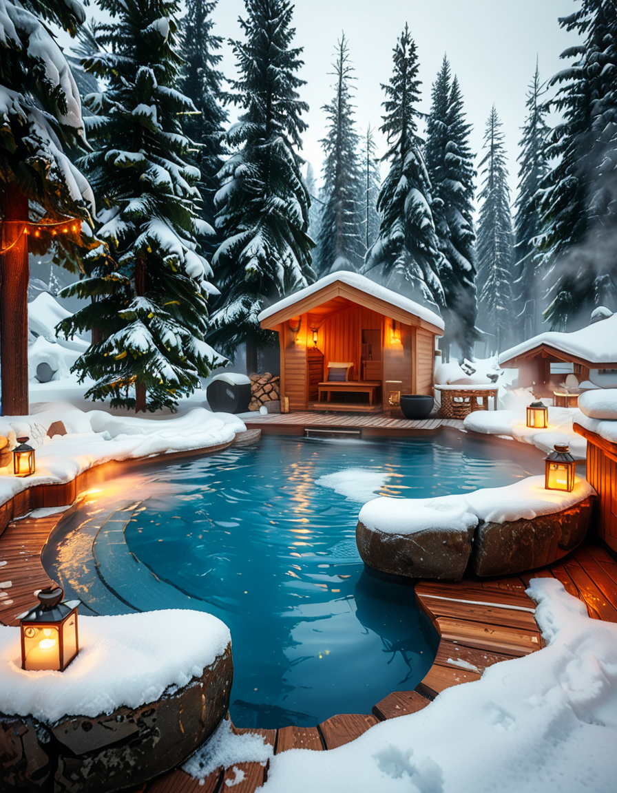 A breathtaking Nordic spa in the heart of a snowy forest, surrounded by tall evergreen trees. The scene captures a steaming outdoor hot pool with crystal-clear water, reflecting the soft glow of ambient lighting. A rustic wooden cabin with a snow-covered roof stands nearby, serving as a relaxation area. Wooden lounge chairs with neatly folded white towels are placed around the pool. A stone pathway, lightly dusted with snow, leads to the water, illuminated by warm, soft lanterns. A few people are seen enjoying the spa, some wrapped in cozy robes while others relax in the steaming water. The atmosphere is serene and tranquil, with mist rising from the hot pool, contrasting with the cold winter air. The lighting is warm and inviting, creating a perfect balance between natural beauty and luxurious comfort.
<lora:SDXLFaeTastic2400:0.4> <lora:extremely_detailed:0.4> extremely detailed, <lora:Nordic_sp4:1>,Nordic sp4, Masterpiece,best quality,hi res,8k,hi res,8k,award winning,(sharp focus, intricate, highly detailed),