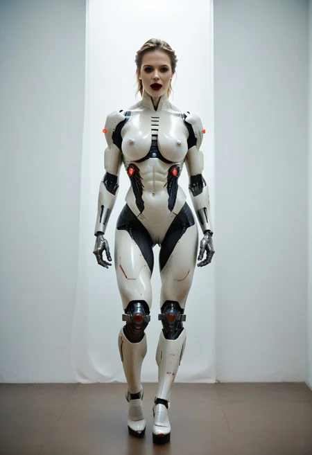 necrobot, half robot,  cyborg half robot, t-800 female terminator gore cyborg-human hybrid blood buts lab tortured undead sexbot cyborg-super-solider borg resident evil undead terminators gscore_9_up score_8_up score_7_up action scene movie stil massive breats hit sheer porn model celeb detail skin detail face deep of field lips realistic nsfw best quality masterpiece 4k uncensored prefect lighting rating_explicit very aest, robot arms, robot legs,