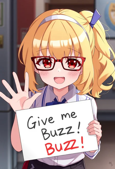 score_4,score_5,score_6,score_7_up,score_8_up,score_9 ((masterpiece,best quality,ultra detailed,highres,HD,4k:1.2)),
1 girl,solo,face focus,
blonde hair,red framed eyewear,forehead,ponytail,wavy hair,medium hair,red eyes,droopy eyes,sleepy eyes,headband,blue ribbon,
striped shirt,collared shirt,employee uniform,black pants,
(("Give me Buzz.",Beggars Borad,Holding a sign, holding a sign that says, "Give me Buzz."))
looking at viewer,smile,happy,open mouth,Waving to the audience,