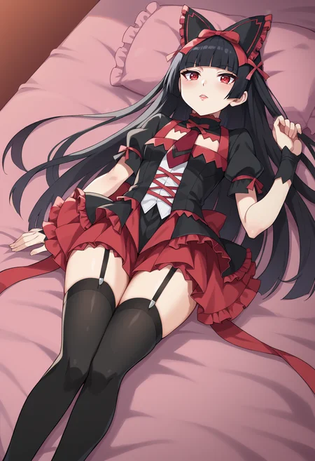 score_9, score_8_up, score_7_up, BREAK source_anime, 1girl, rory mercury, black hair, red eyes, hime cut, blunt bangs, goth fashion, hair bow, hair ribbon, frilled dress, red necktie, garter straps, black thighhighs, (lying:1.2), fall <lora:hskc-rorymercury-pony-v0.6-000009:0.8>