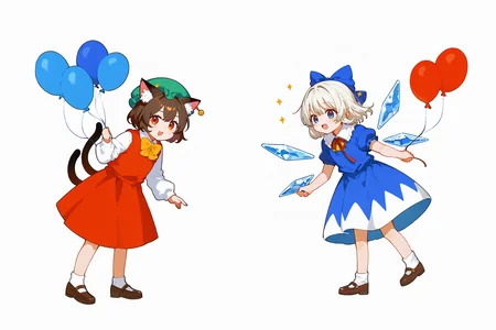 (score_9,score_8_up,score_7_up),holding a red balloon,
BREAK
2girl,touhou,blue_bow,hair_bow,ice_wings,blue_dress,puffy_short_sleeves,red_ribbon,cirno,blue eyes,