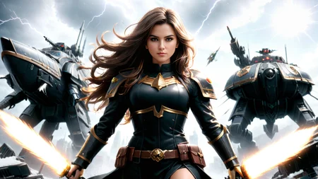 Hyperrealistic art [(30 years old girl, super wide Angle,  fullbody view, black uniform, in acrion, very long hair, windy:2.5) : (known as Champions of Chaos, whose ultimate, driving goal is to transcend mortality itself by becoming a Daemon Prince:2.1) : (Throughout the path to power the Champion in loyalty to Chaos and he devolves into a mindless Chaos Spawn:2.2) : (random weather, speed effects, extremely detailed beautiful city,  a Chaos_Warfleet Battle-Space-Ships and deamon army  in a galaxy at war in the deep deatiled background:1.9):0.40], <lora:LowRA:1> <lora:SDXLHighDetail_v5:0.3>,  Extremely high-resolution details, photographic, realism pushed to extreme, fine texture, incredibly lifelike, (Hyperrealistic art (Proffesional Photography, 8k, ultra realistic, HDR:1.1),  ste4mpunk <lora:ste4mpunk:1> wh40k <lora:WH40XL:1>,  <lora:Chaos_Warfleet_-_Warhammer_40000_SDXL:1> <lora:Enhanced_XL_V1:0.1> . Extremely high-resolution details, photographic, realism pushed to extreme, fine texture, incredibly lifelike